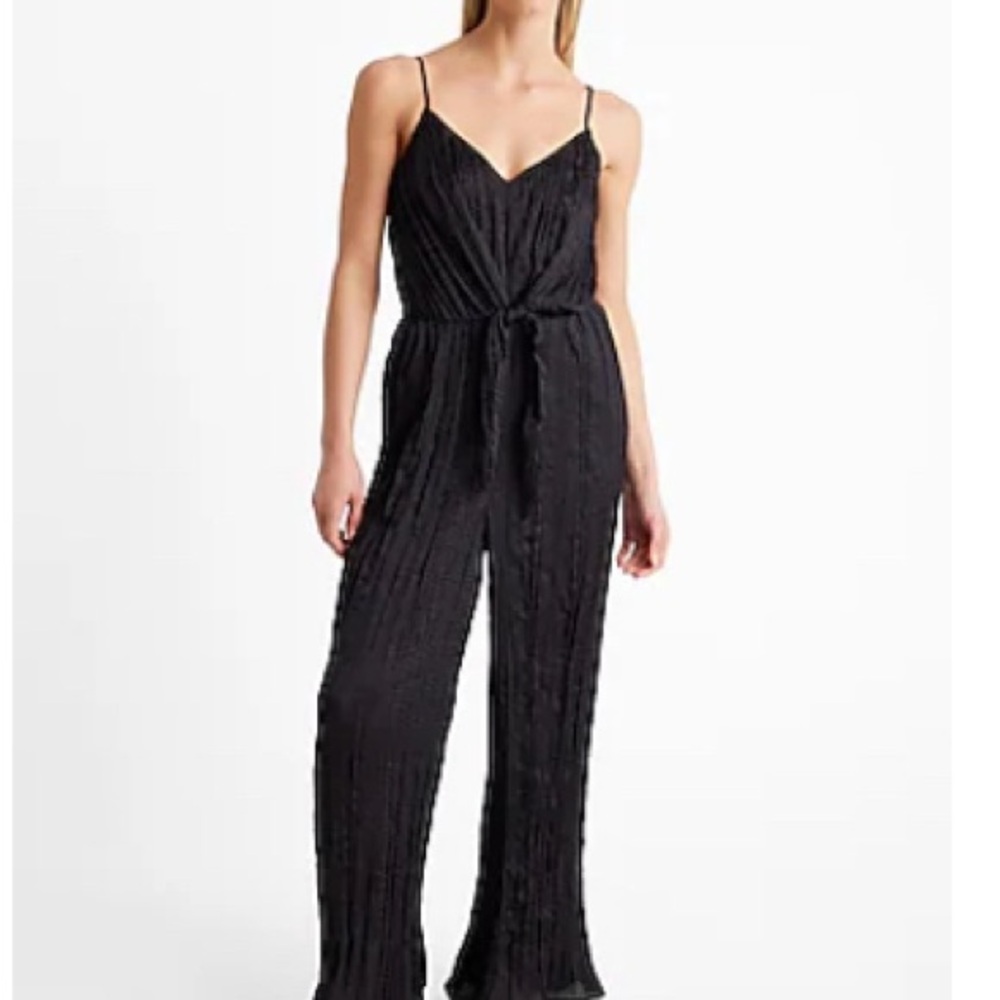 Express: Crinkle Satin V-Neck Sleeveless Tie Front Wide Leg Jumpsuit